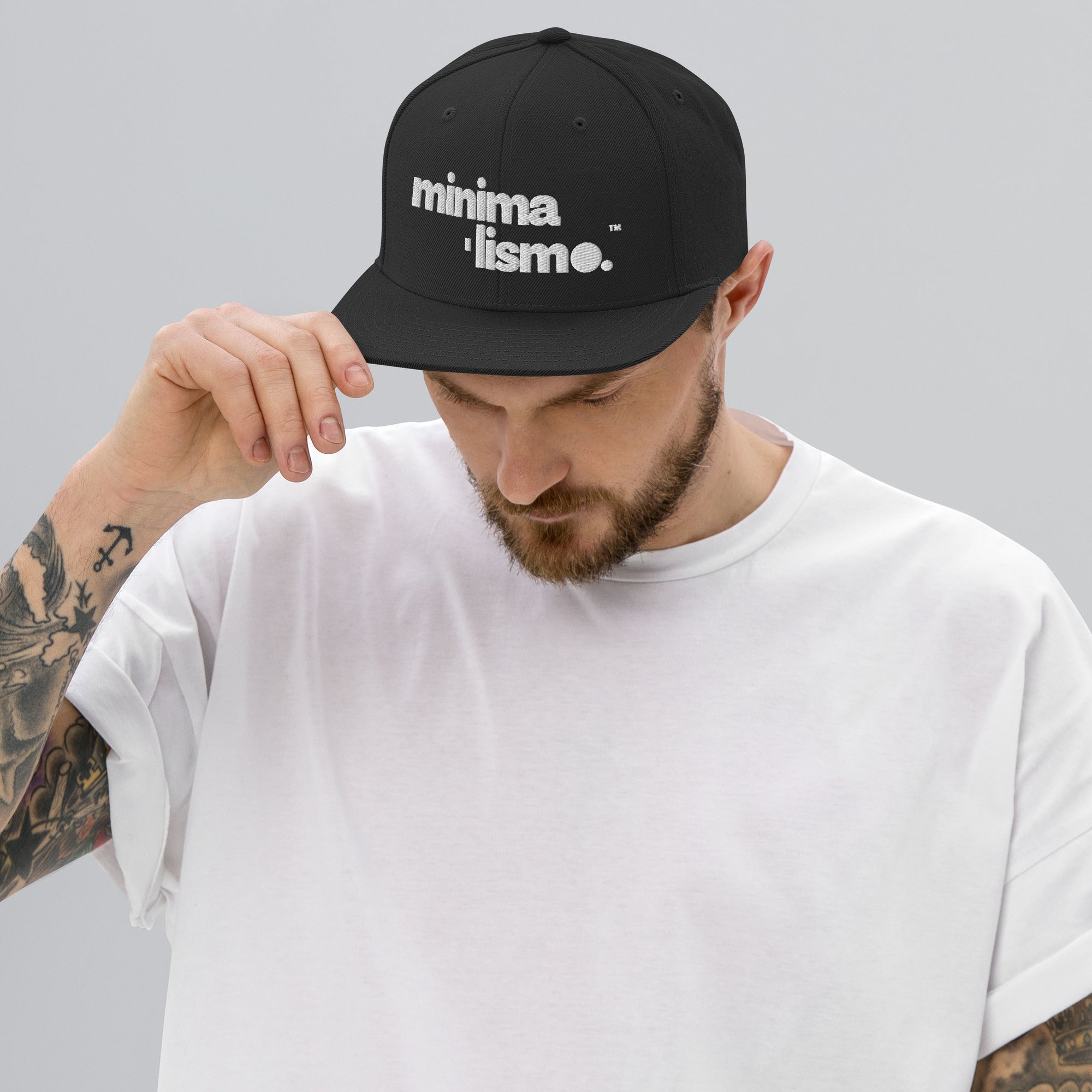 Minimalismo™ Hyphenated Snapback Hat (Black w/ white logo) 